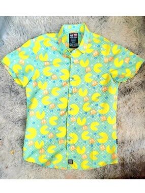Phat Farm Pac Man Ghost Shirt Retro Arcade Game Short Sleeve Button Up Collar